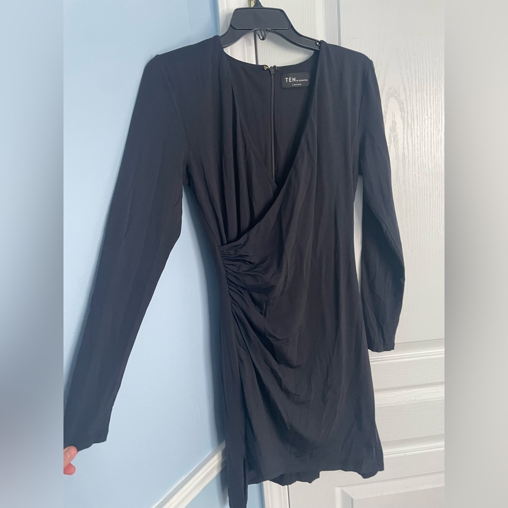 Aritizia Babaton Passion Wrap Mini BodyCon Dress Black Large Long Sleeve - Picture 5 of 11